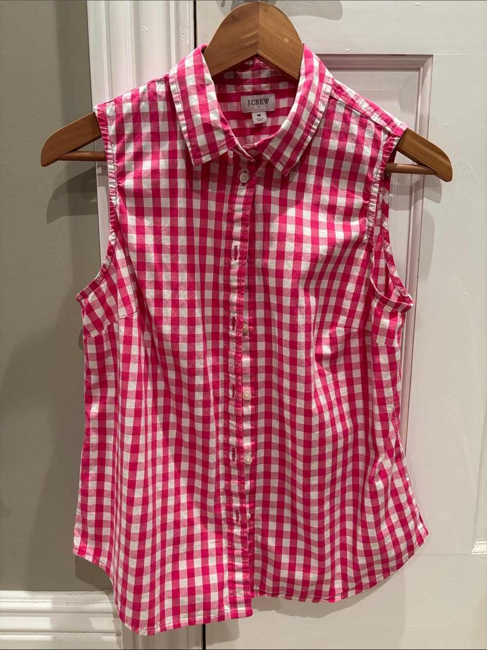 J. Crew Pink and White Gingham Sleeveless Button-Down